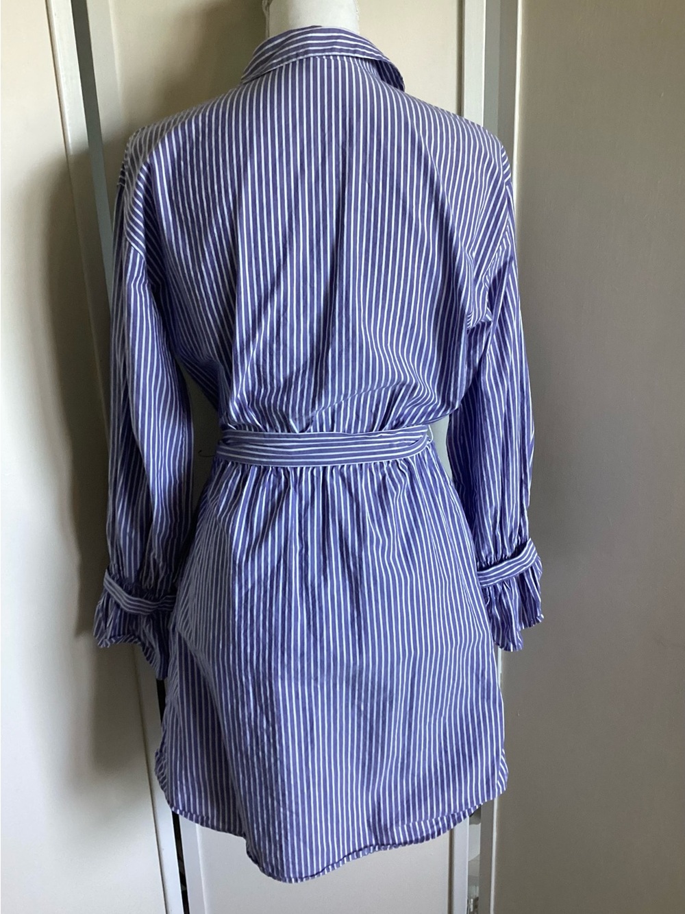 Express Shirt Dress Sz XS Striped Wrap Dress EUC tie front blue white cotton - Picture 6 of 10
